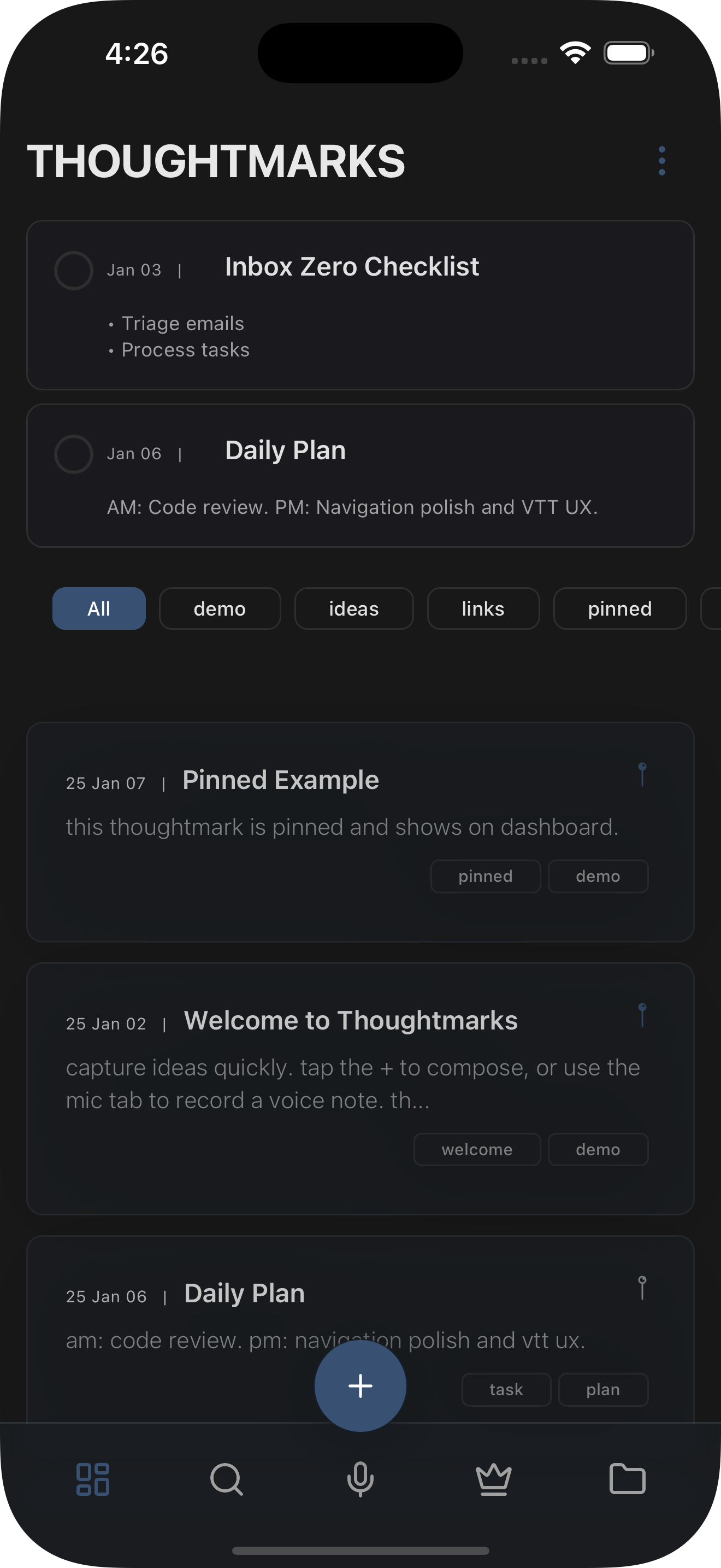 Thoughtmarks dashboard - capture ideas at the speed of life